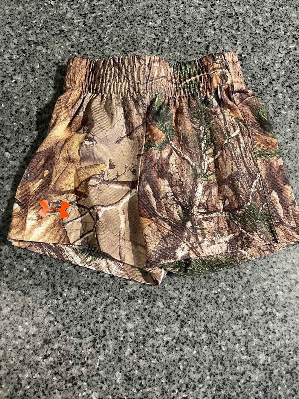 Under Armour Camo Athletic Shorts - Brown, Green with Orange Logo